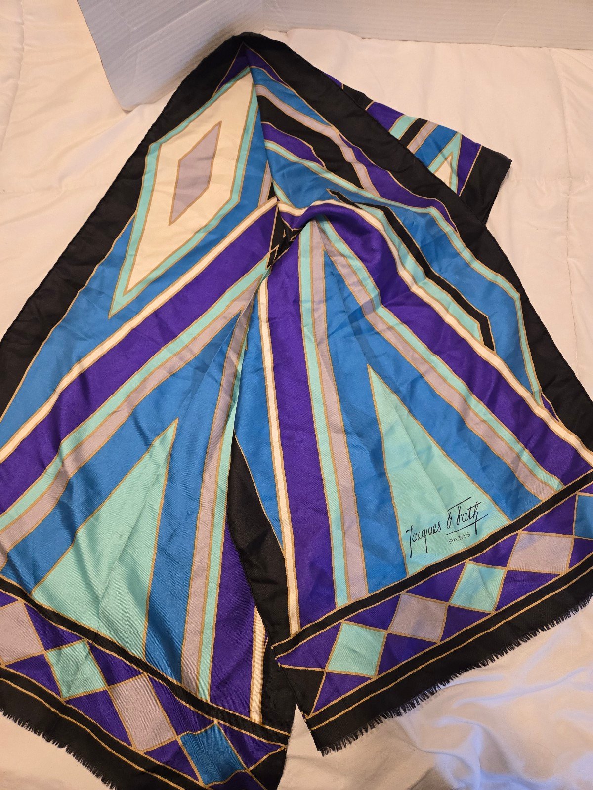Vtg JACQUES FATH Paris Silk Twill Lt. Blue geometric Scarf 16X60 Rev Handroll