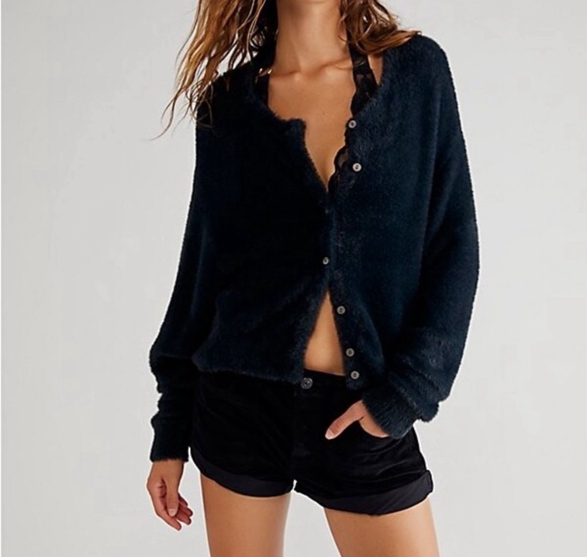 NWT FREE PEOPLE WYATT CARDI SOFT FUZZY BUTTON FRONT CARDIGAN Black. Size Medium