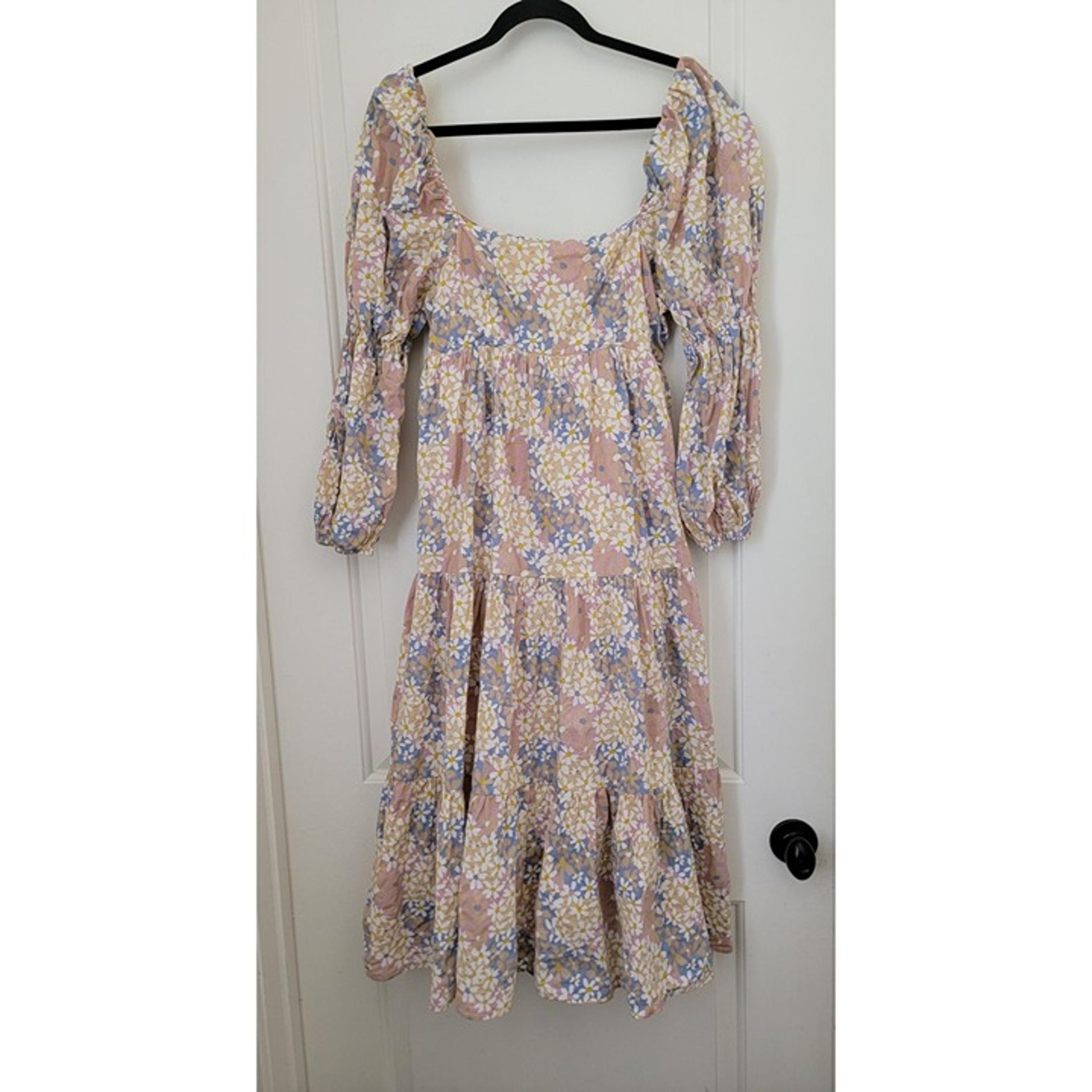 STORIA Floral Puff Sleeve Midi Dress With Back Tie & Tiered Skirt Women's Sz M