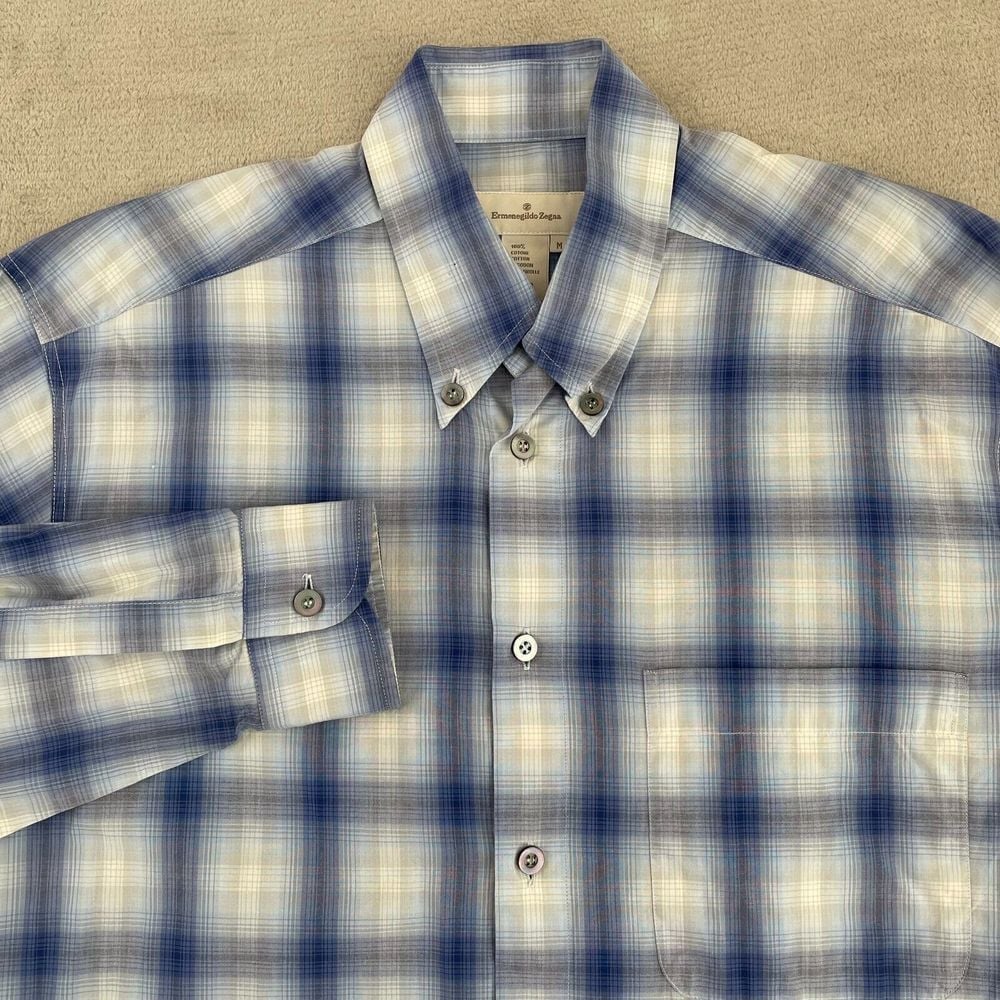 Ermenegildo Zegna Shirt Men Medium Blue Plaid Long Sleeve Made in Italy Designer