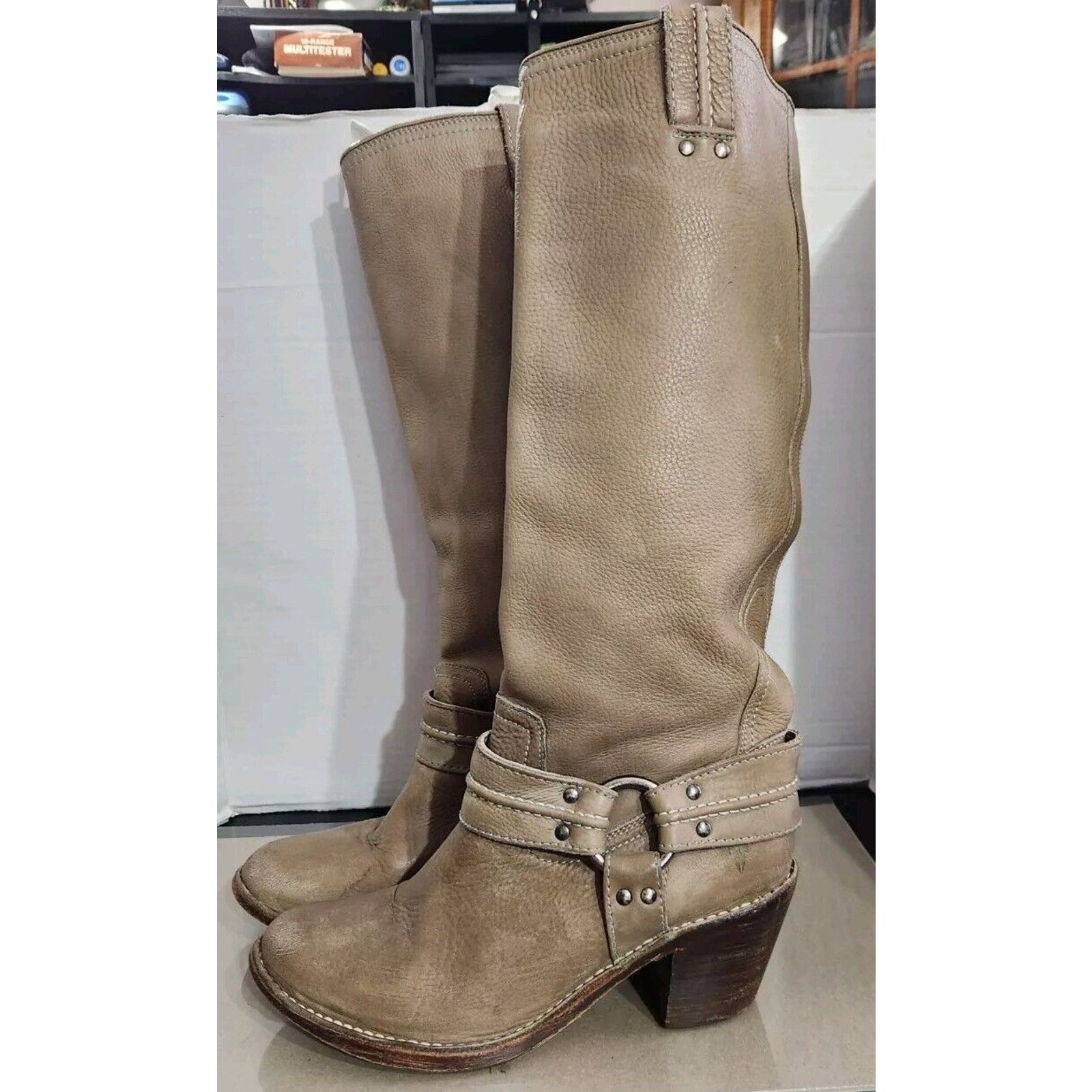 Frye Women’s Size 9 B Leather Carmen Tan Brown Harness Tall Knee High Boots