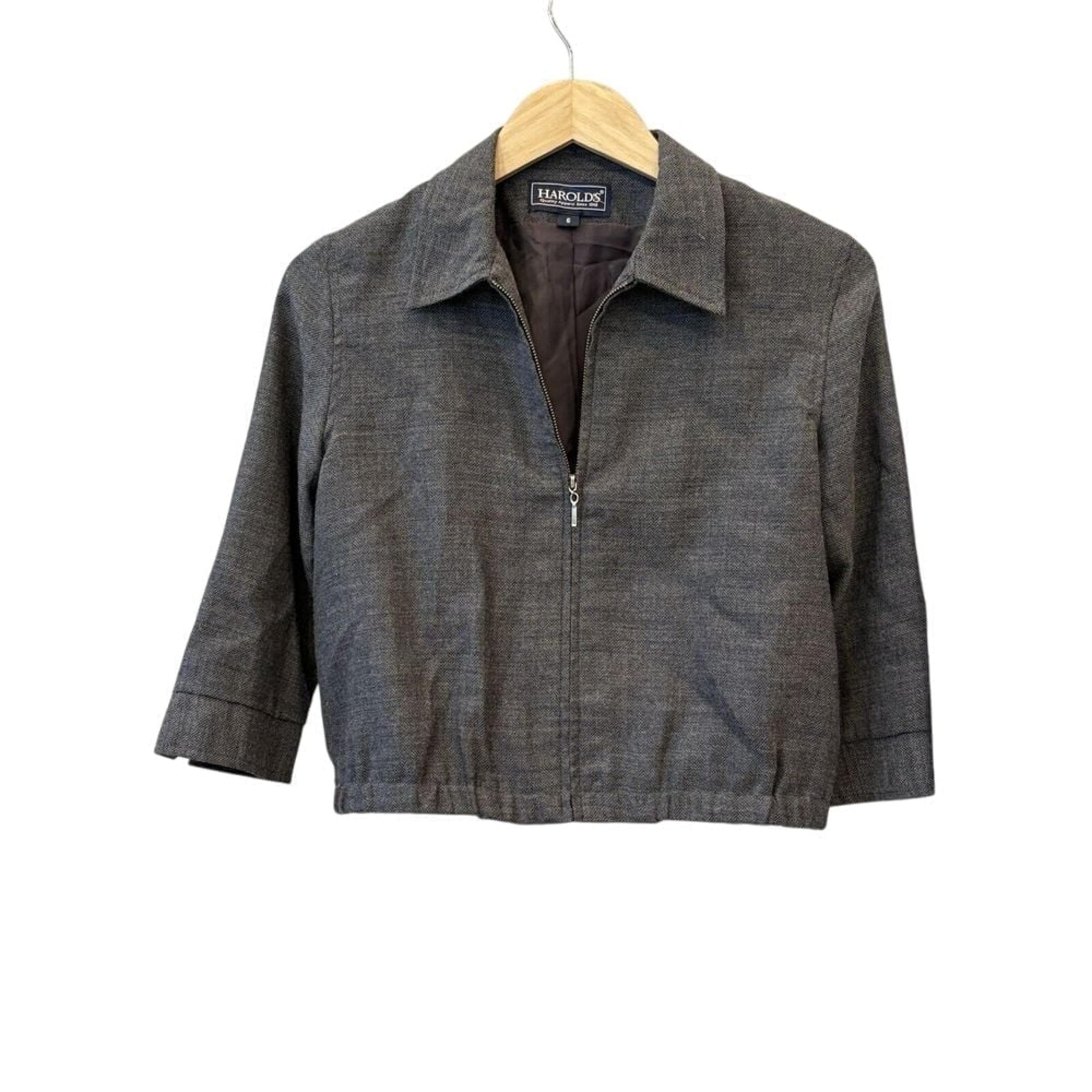 EUC Vintage Harolds Womens Gray Herringbone Wool Zip Up Cropped Jacket Size 6