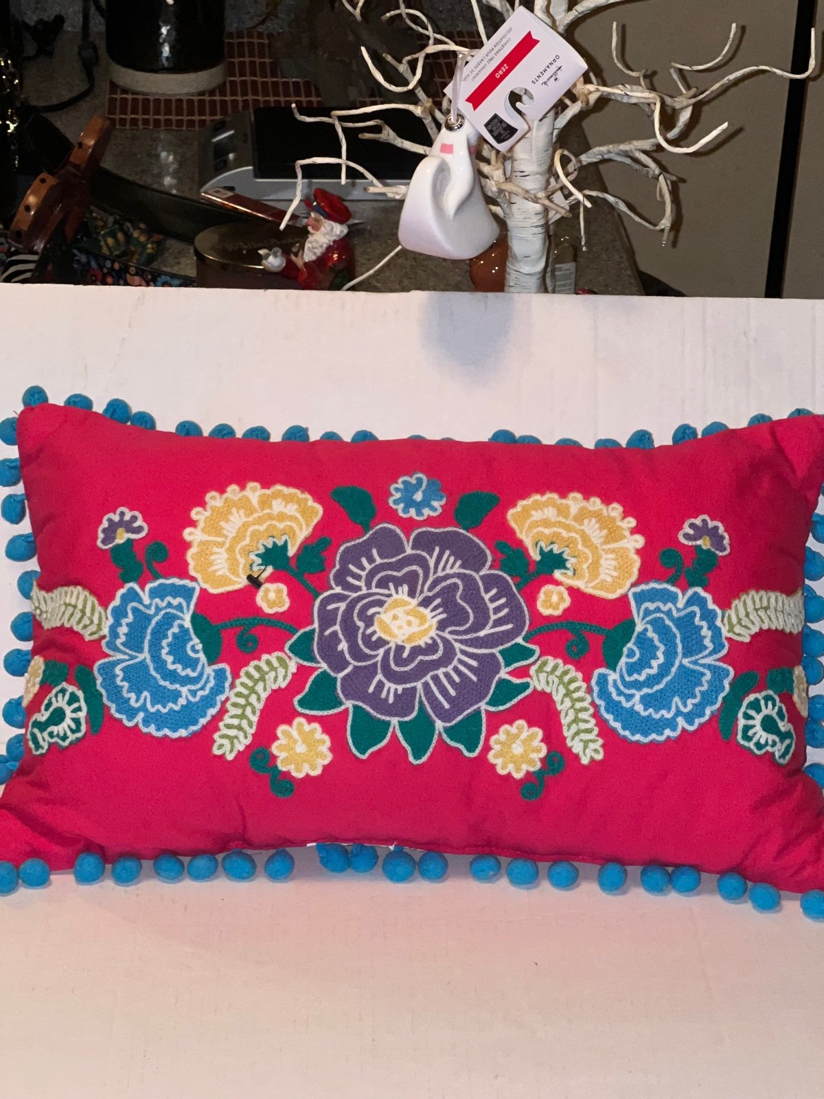 Decorative Pillow floral embossed embroidered yarn? Tassel balls unique