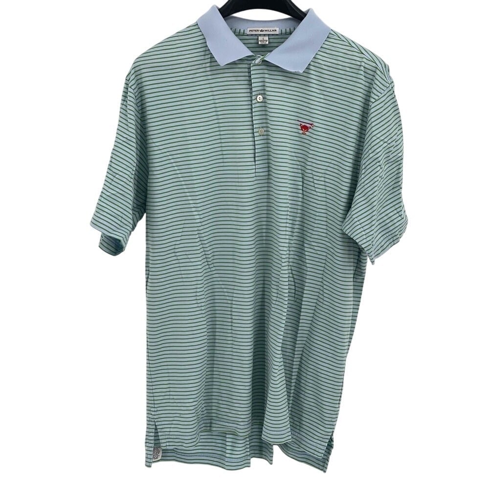Peter Millar Polo Shirt Men's Large Green White Striped Blue Collar Short Sleeve