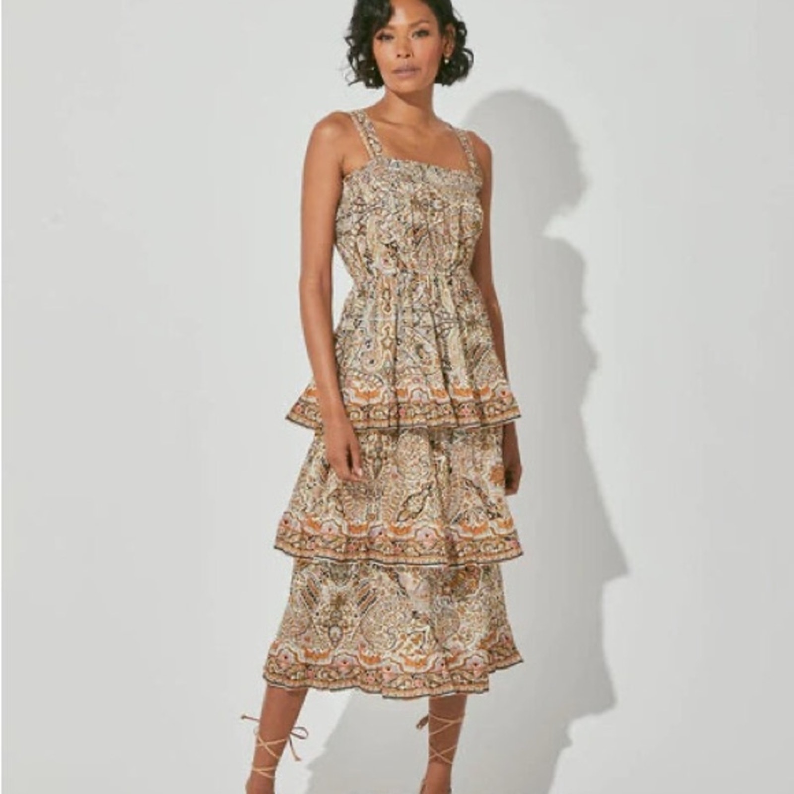 Cleobella Rosalie Kaleidoscope Floral Tiered Sleeveless Midi Dress