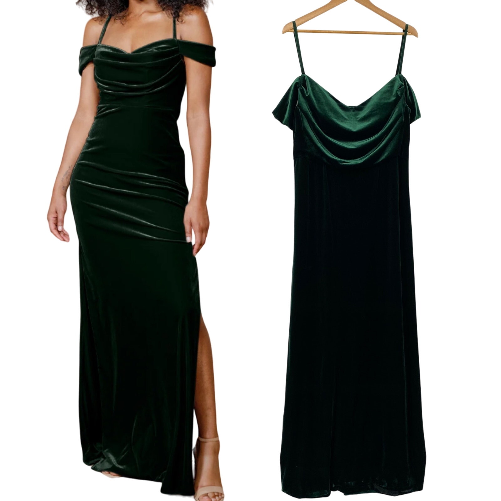 Revelry Sienna Velvet Gown Cowl Neckline Classic Emerald Green Plus Womens 22W