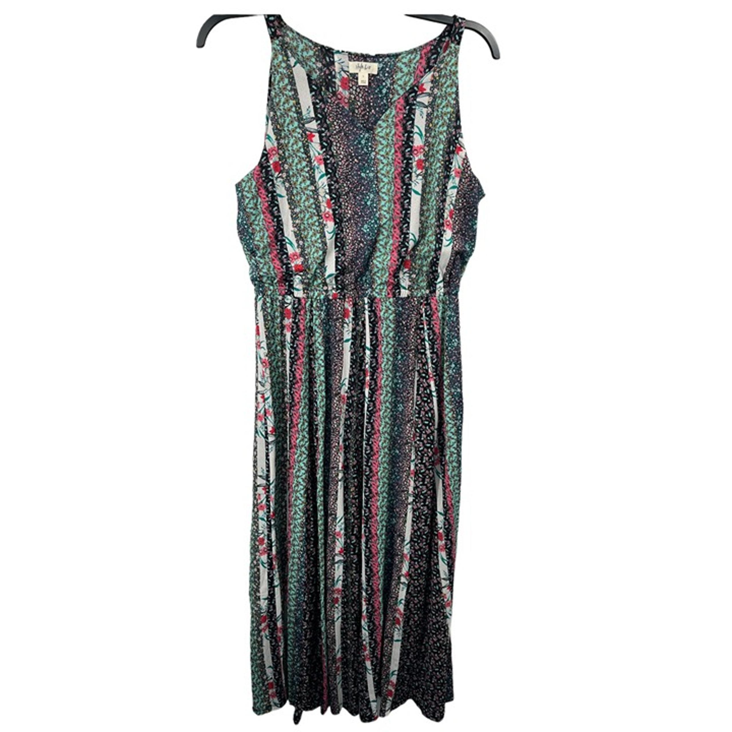 Style & Co Women's Printed Split-Neck Sleeveless Maxi Dress L Garden Stripes