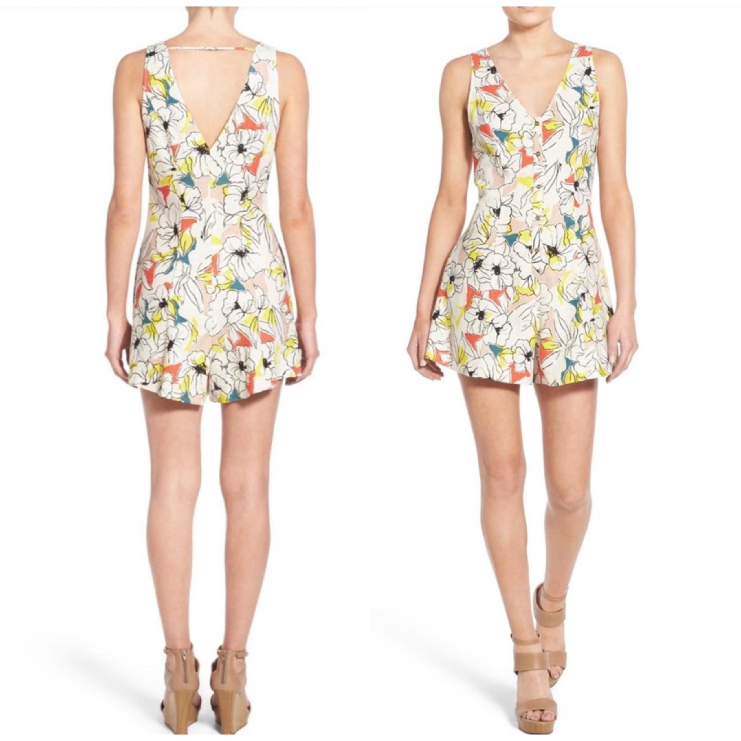 ASTR Linen Blend Floral Festival Summer Resort Boho Playsuit Mini Romper XS