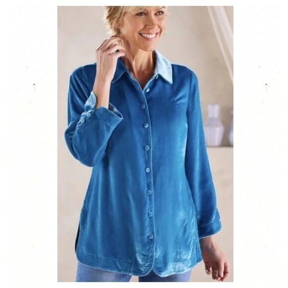 Soft Surroundings Teal Velvet Velour Button Down Silk Blend Button Down Shirt