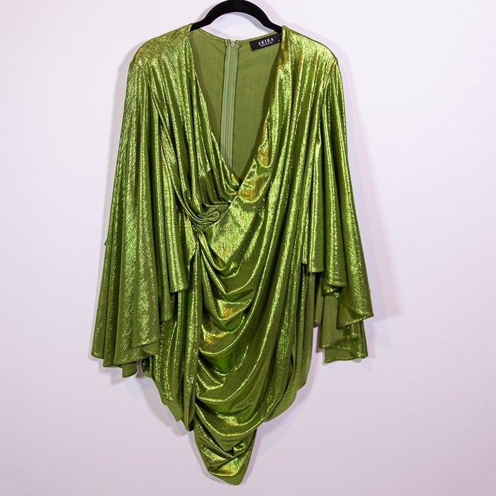 Akira Green Metallic Lame Draped Pleated Butterfly Sleeve Blouse Shirt Top S
