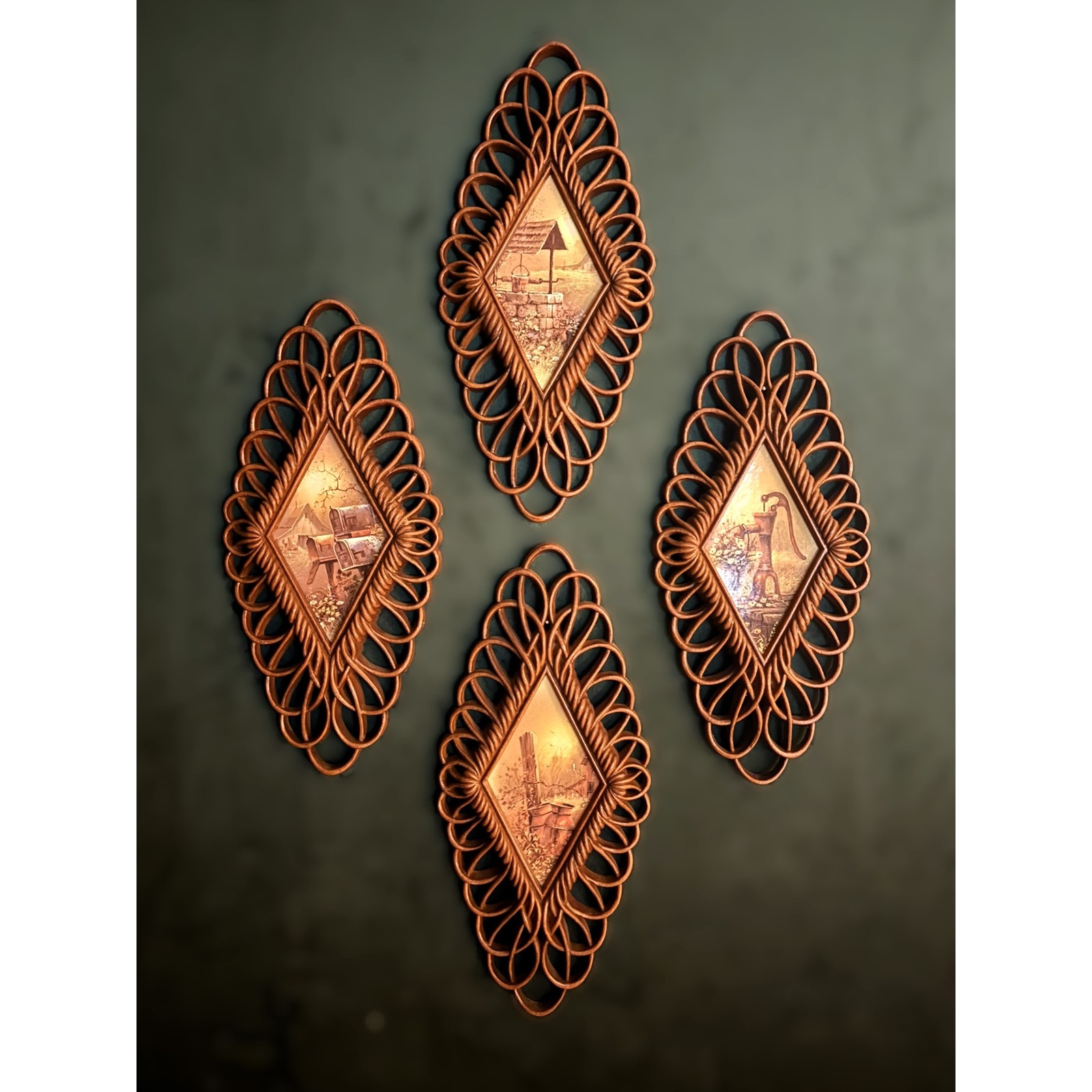 Vintage 1975 Burwood Wall Art Set – Rustic Farmhouse Diamond Frames (Set of 4)