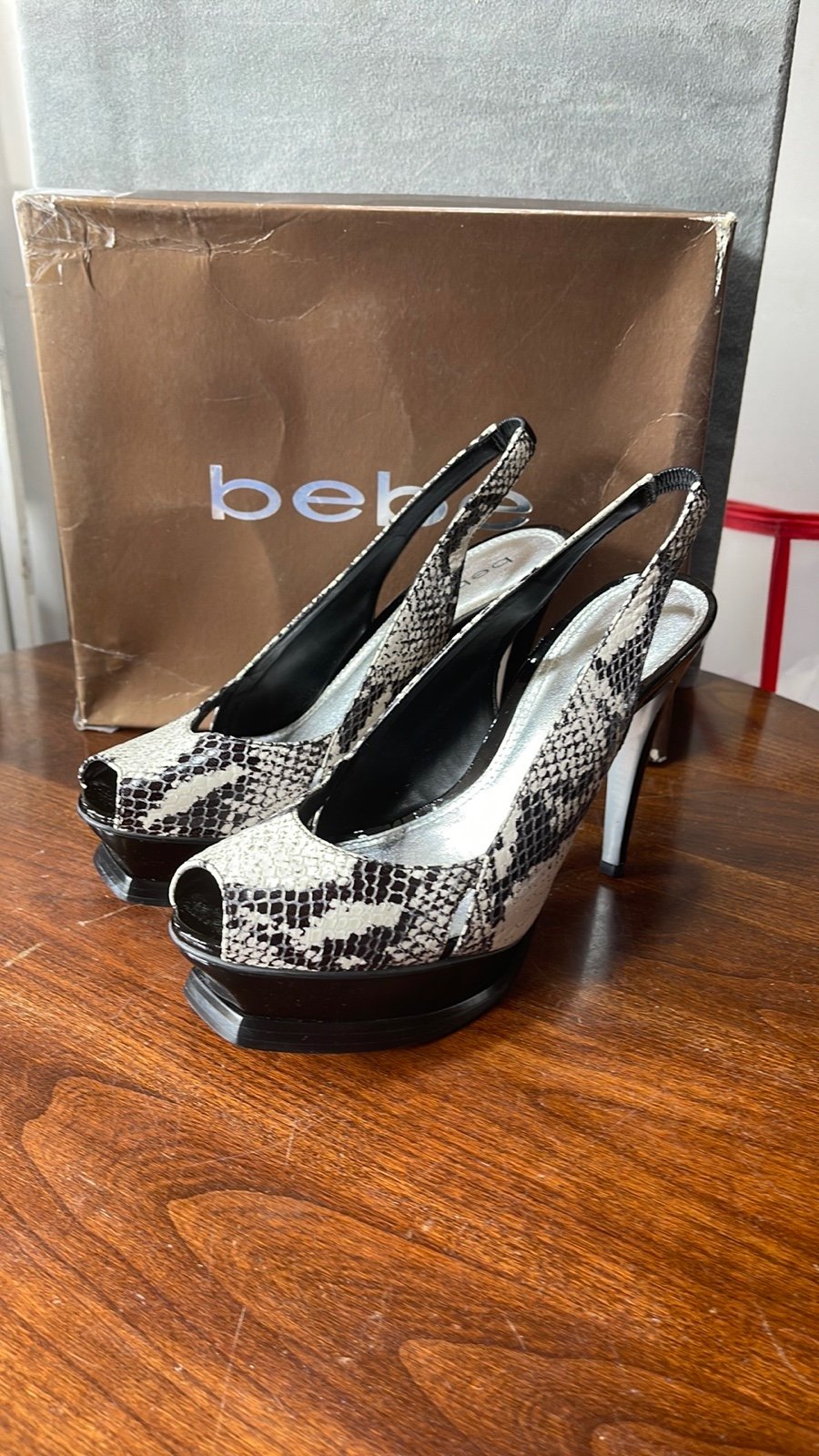 Bebe Zahara, black & white snake, open toe sling back platform stilettos, size 8
