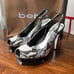 Bebe Zahara, black & white snake, open toe sling back platform stilettos, size 8