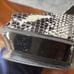 Bebe Zahara, black & white snake, open toe sling back platform stilettos, size 8