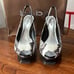 Bebe Zahara, black & white snake, open toe sling back platform stilettos, size 8