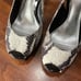 Bebe Zahara, black & white snake, open toe sling back platform stilettos, size 8