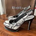 Bebe Zahara, black & white snake, open toe sling back platform stilettos, size 8
