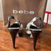 Bebe Zahara, black & white snake, open toe sling back platform stilettos, size 8