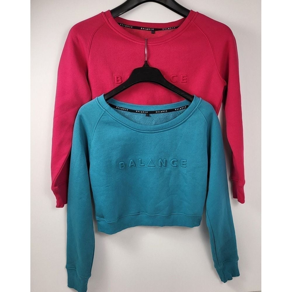 2 Balance Athletica Teal Blue & Pinl Crew Cropped Sweatshirts Small Long Sleeve