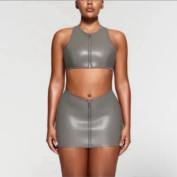 SKIMS gray rubberized scuba front zip mini skirt