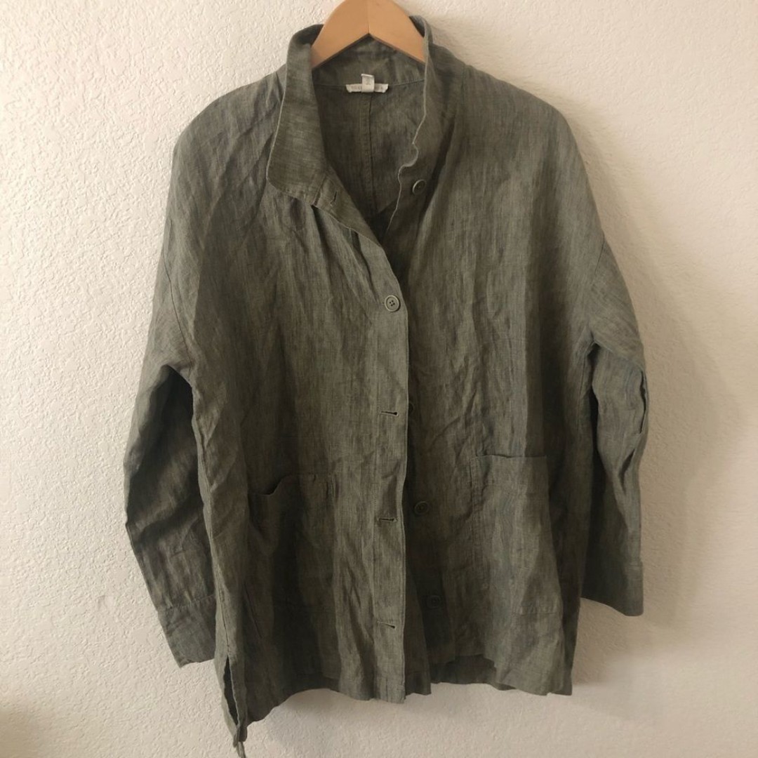 Eileen Fisher Womens Organic Linen Delave Stand Collar Jacket Light Green Medium