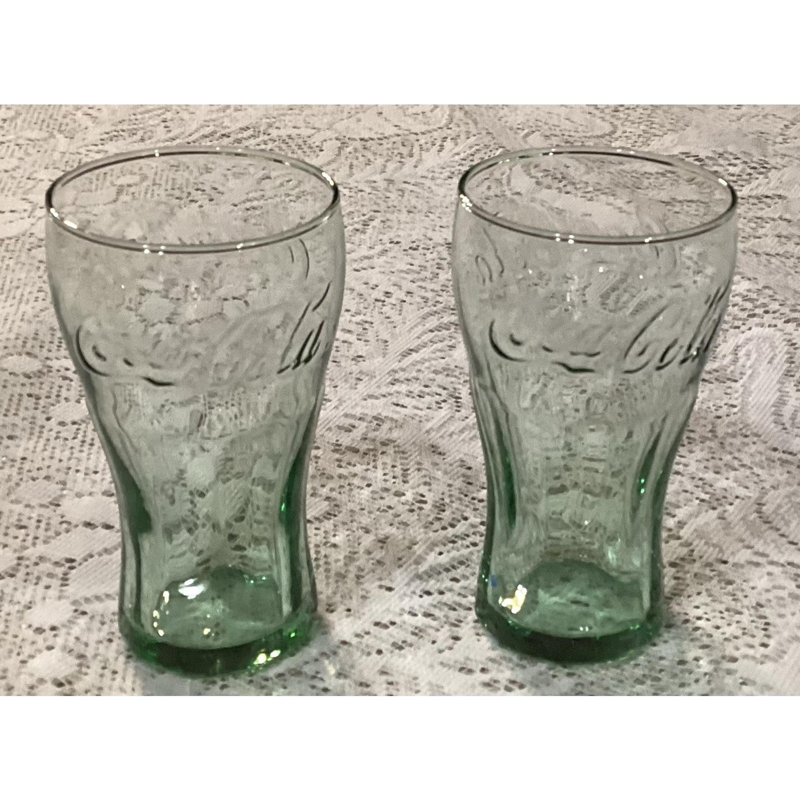 4.5 Inch Vintage Small Juice Glass Green Coca-Cola Glasses ~ Lot Of 2