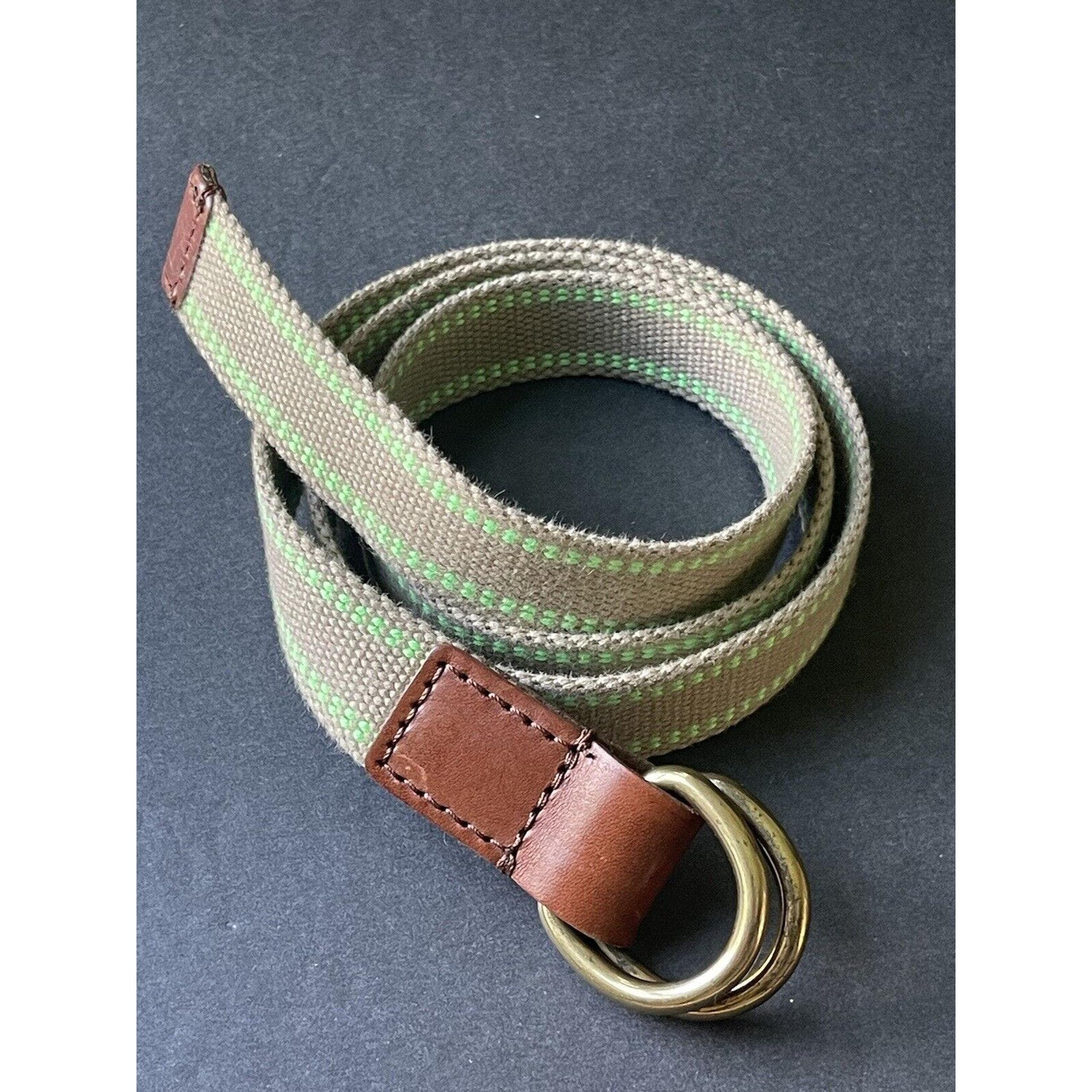 GAP Mens Canvas Belt Green Khaki Stripe Brown Leather Trim Casual Size Med