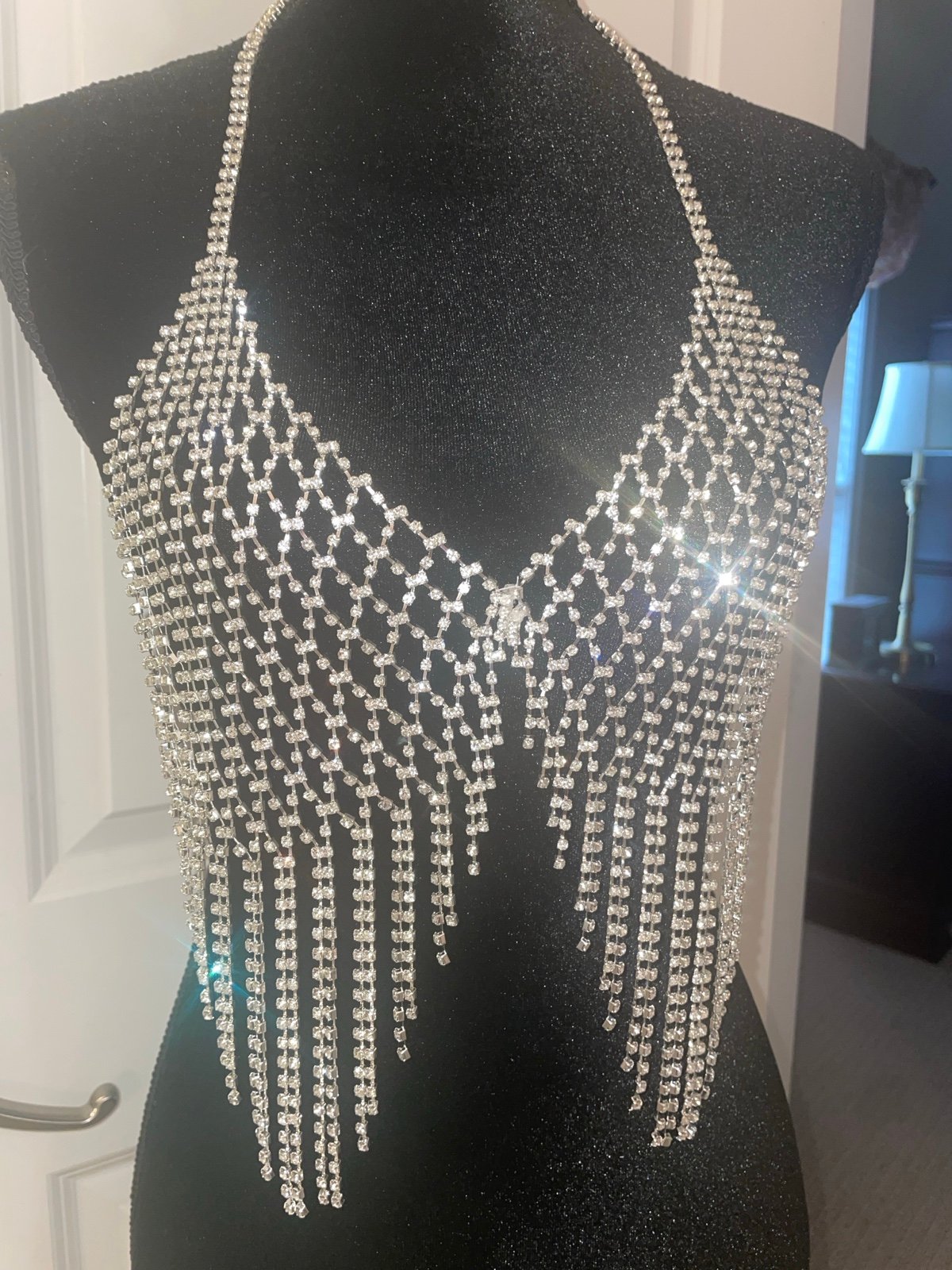 Crystal Sparkly Rhinestone Fringe Halter Bra /Prom Gown Overlay -One Size-NWT