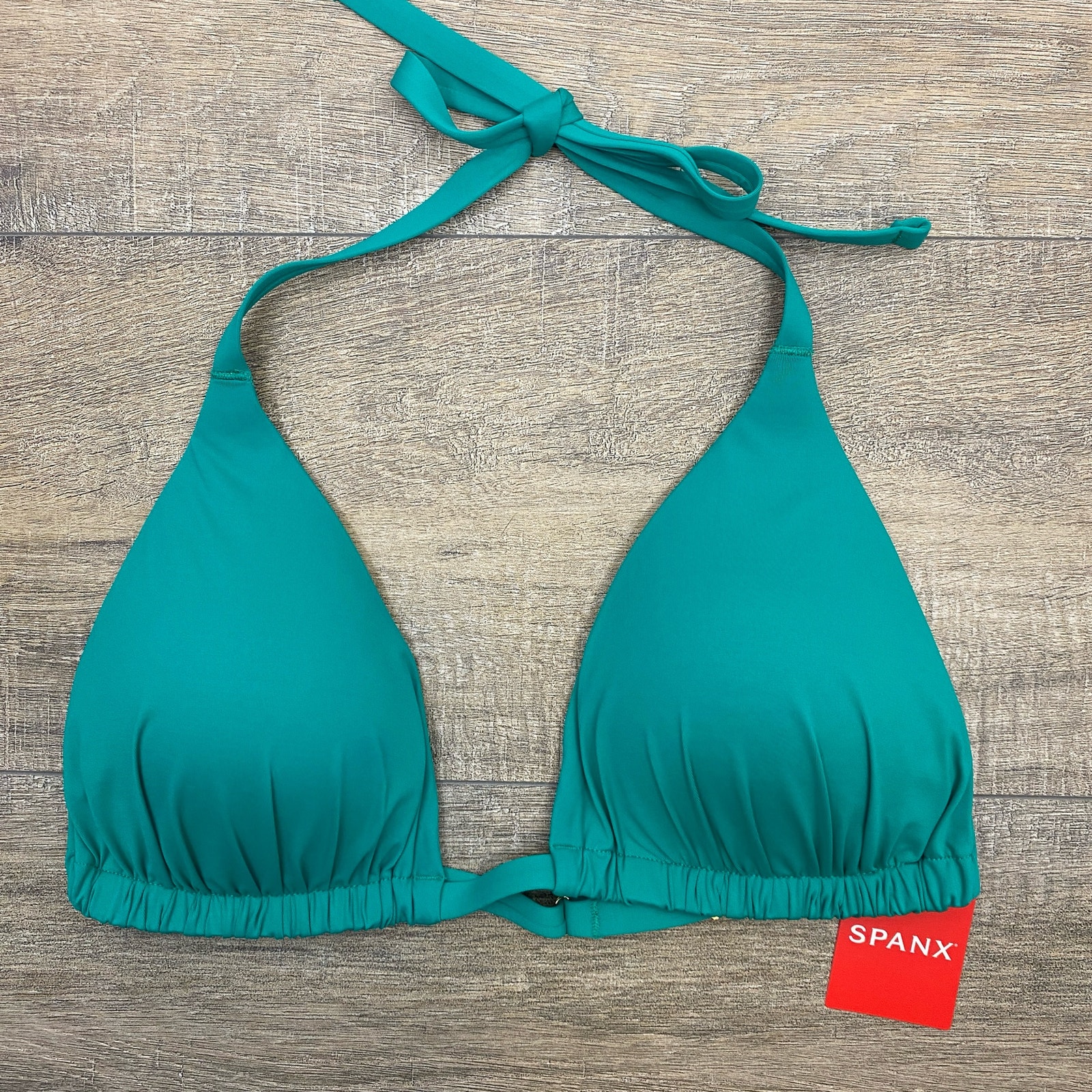 SPANX Swim Triangle Bikini Top Sz L Mystic Green Adjustable Lined Padded Resort