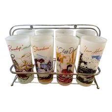 Vintage Western Frontier Tumblers W Silver Metal Holder Cowboys Blackgold