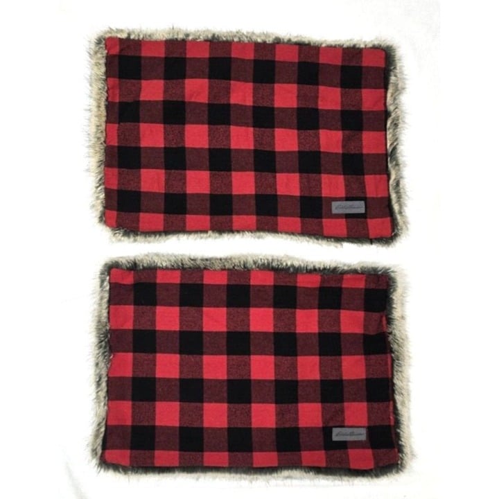 Pair (2) Eddie Bauer Cabin Plaid Flannel Pillow Cover Zipper Faux Fur Back