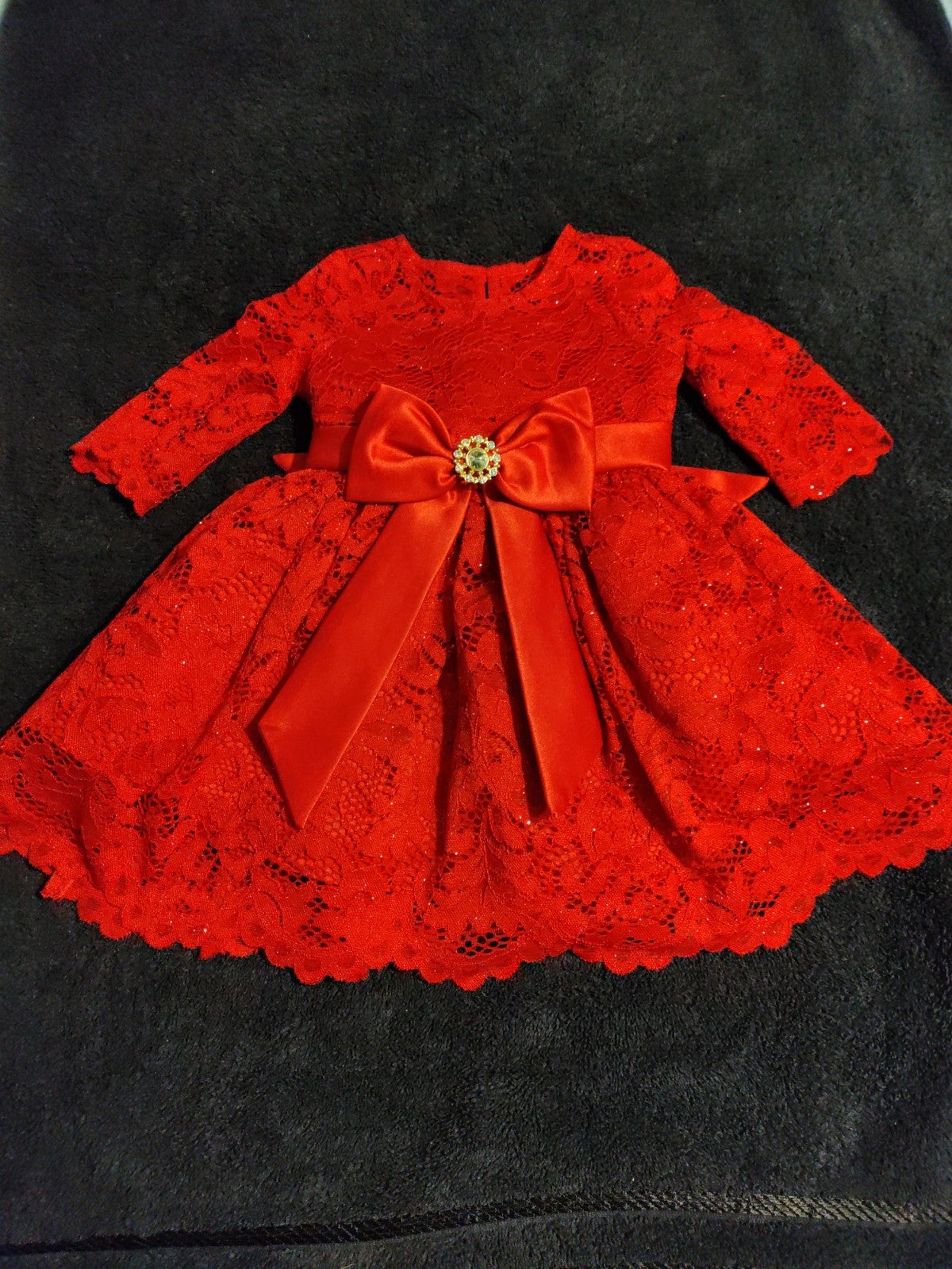 Baby 0-6m Ravishing Red Sparkle Princess Dress Satin Lace Rhinestone Bling