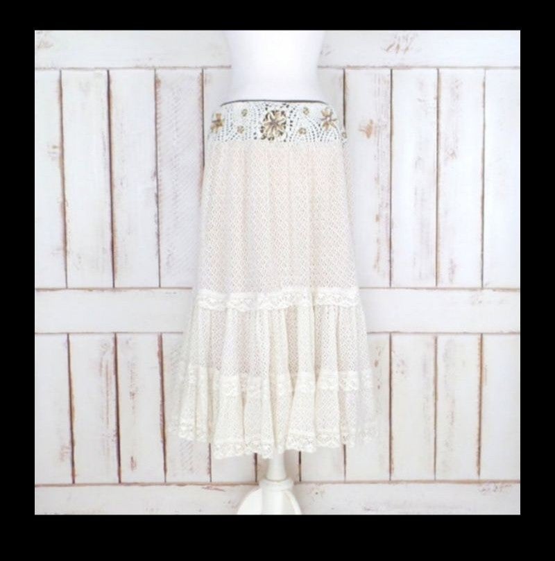 Sale Vintage Crochet Cream/Ivory Beaded Maxi Skirt