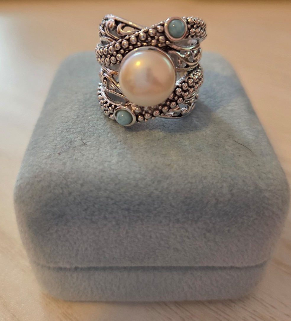 Silver 925 ring with pearl and turquoise stones, size 8