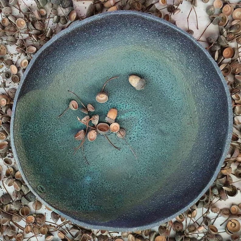 Rustic Green Pottery Bowl Large Serving Bowl Ceramic Shallow Fruit Bowl