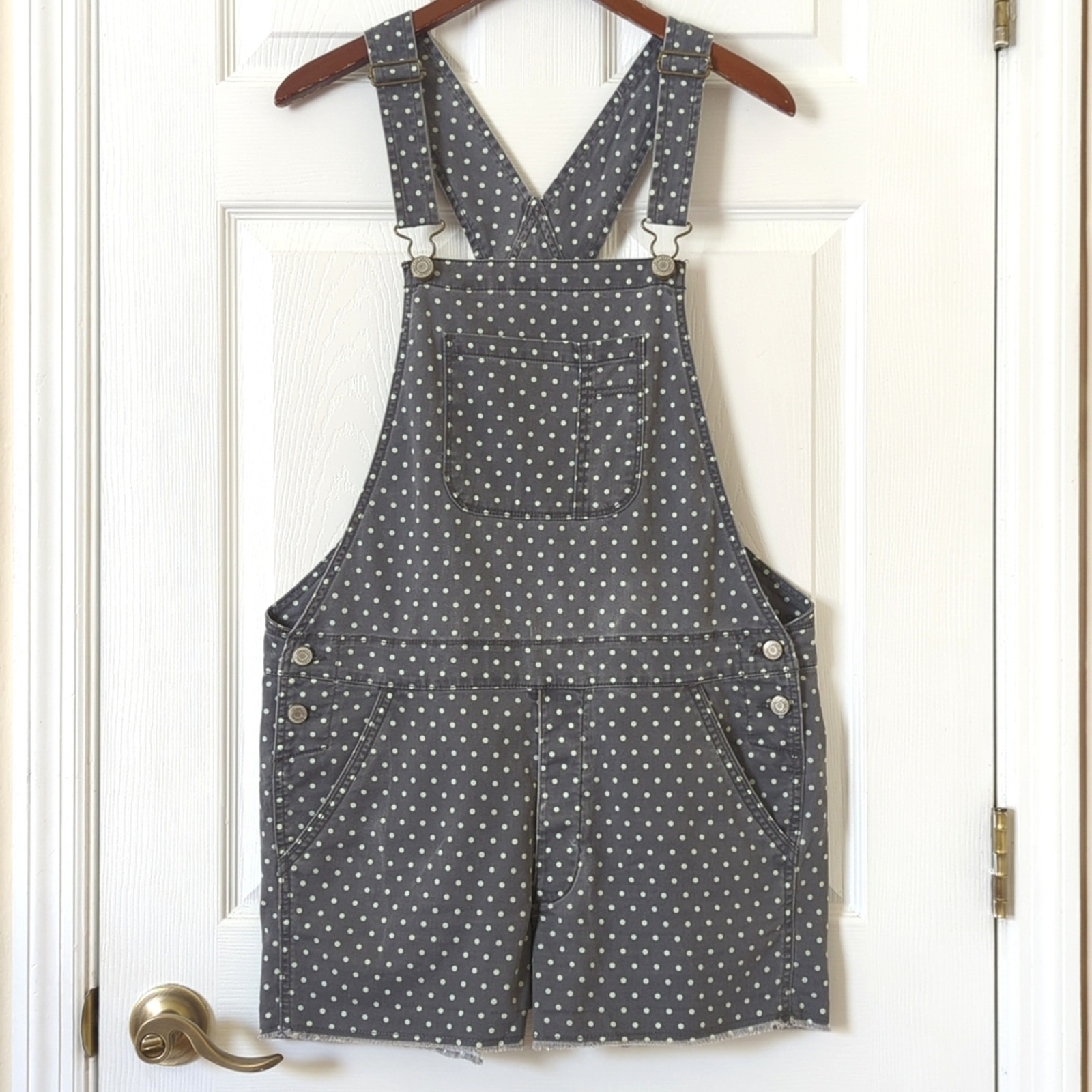 American Eagle Classic Polka Dot Cut Off Jean Shorts Bib Overalls Seafoam Gray M