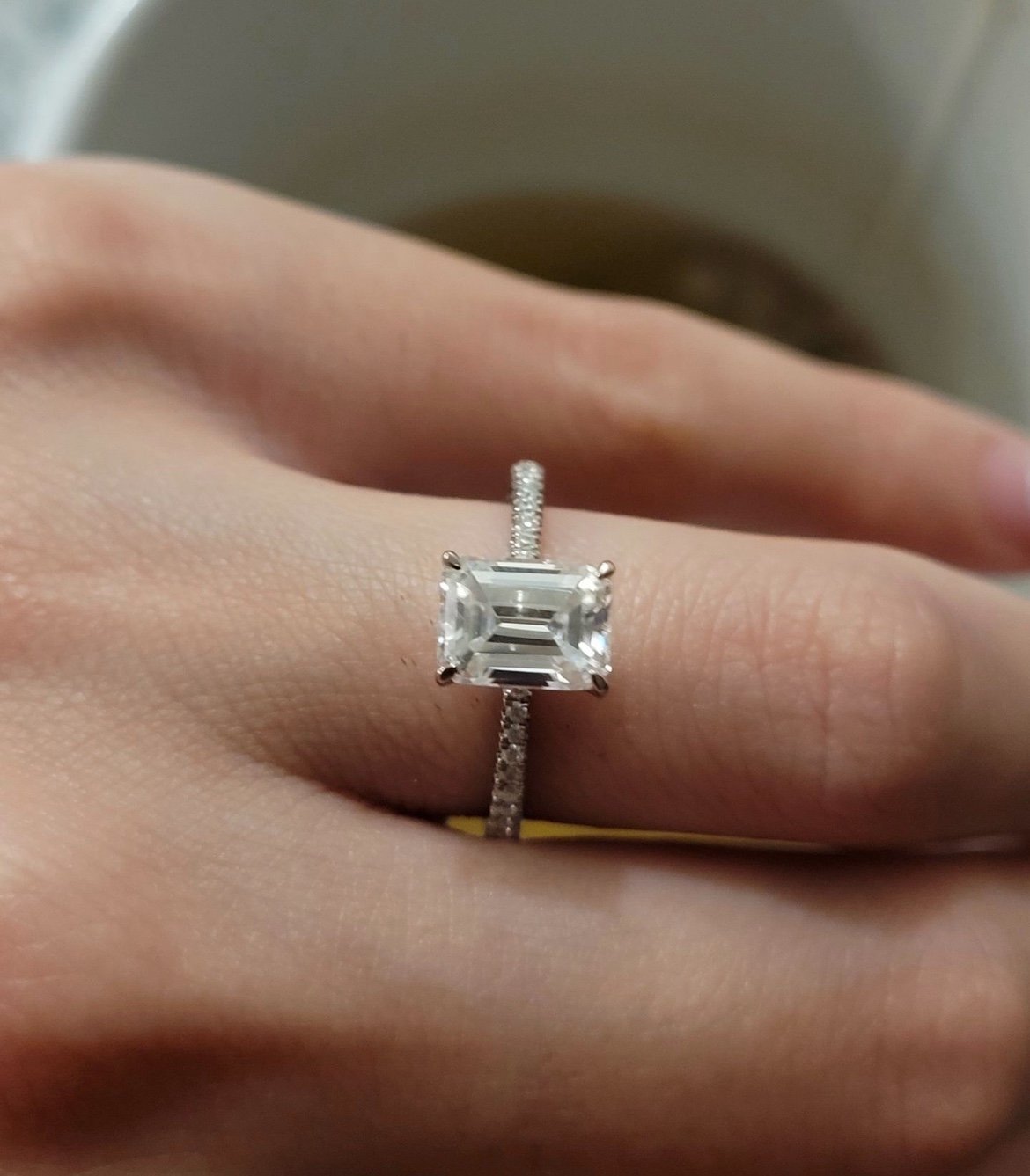 2CT Emerald Cut Moissanite Solid White Gold Engagement Ring Size