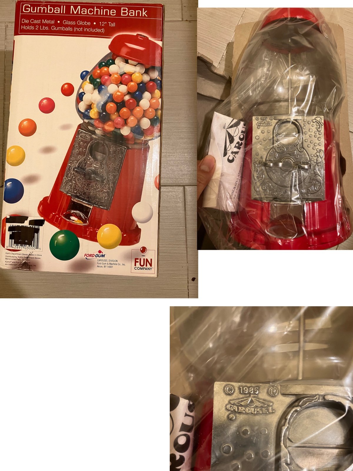 Nib CAROUSEL FORD GUM GUMBALL MACHINE BANK 12 Inch table top glass 1985