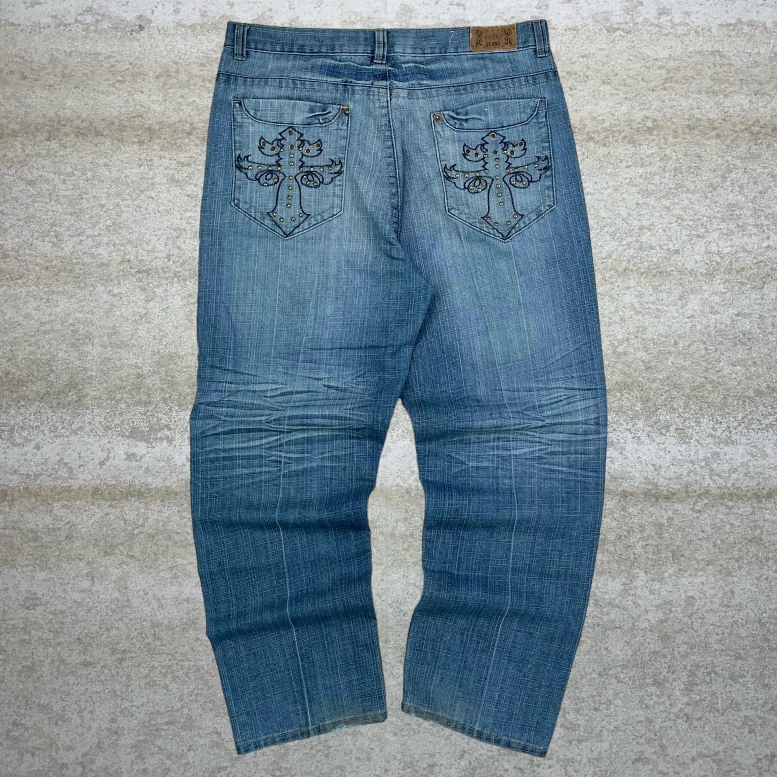 Vintage Skater Wide Leg Jeans Fusai Medium Wash Baggy Denim Rap Style Art Y2K