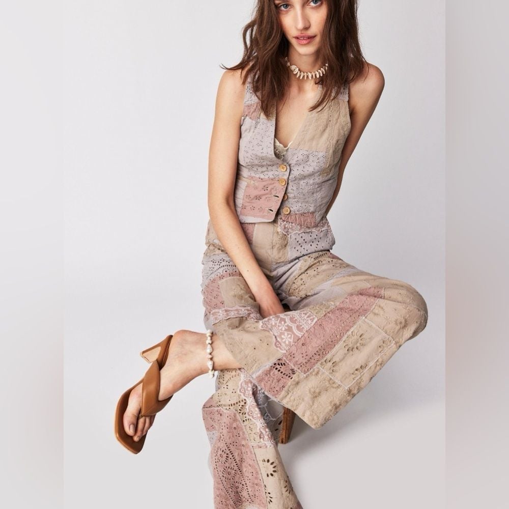 NWT 428 Free People Sweet & Salty Two Piece Set vest pants eyelet colorblock