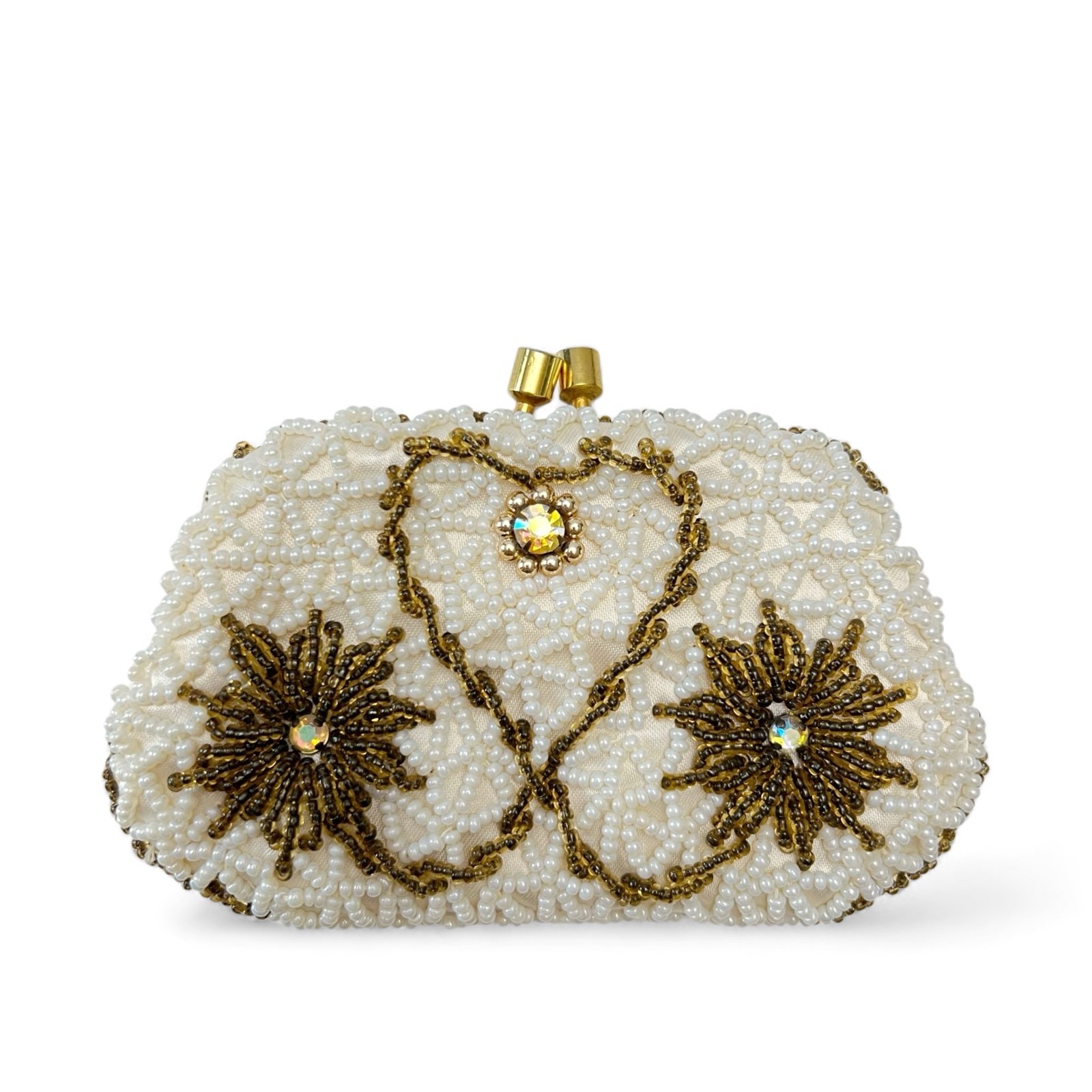 Vintage Delill Ivory Gold AB Rhinestone Ornate Beaded Kiss Lock Coin Purse