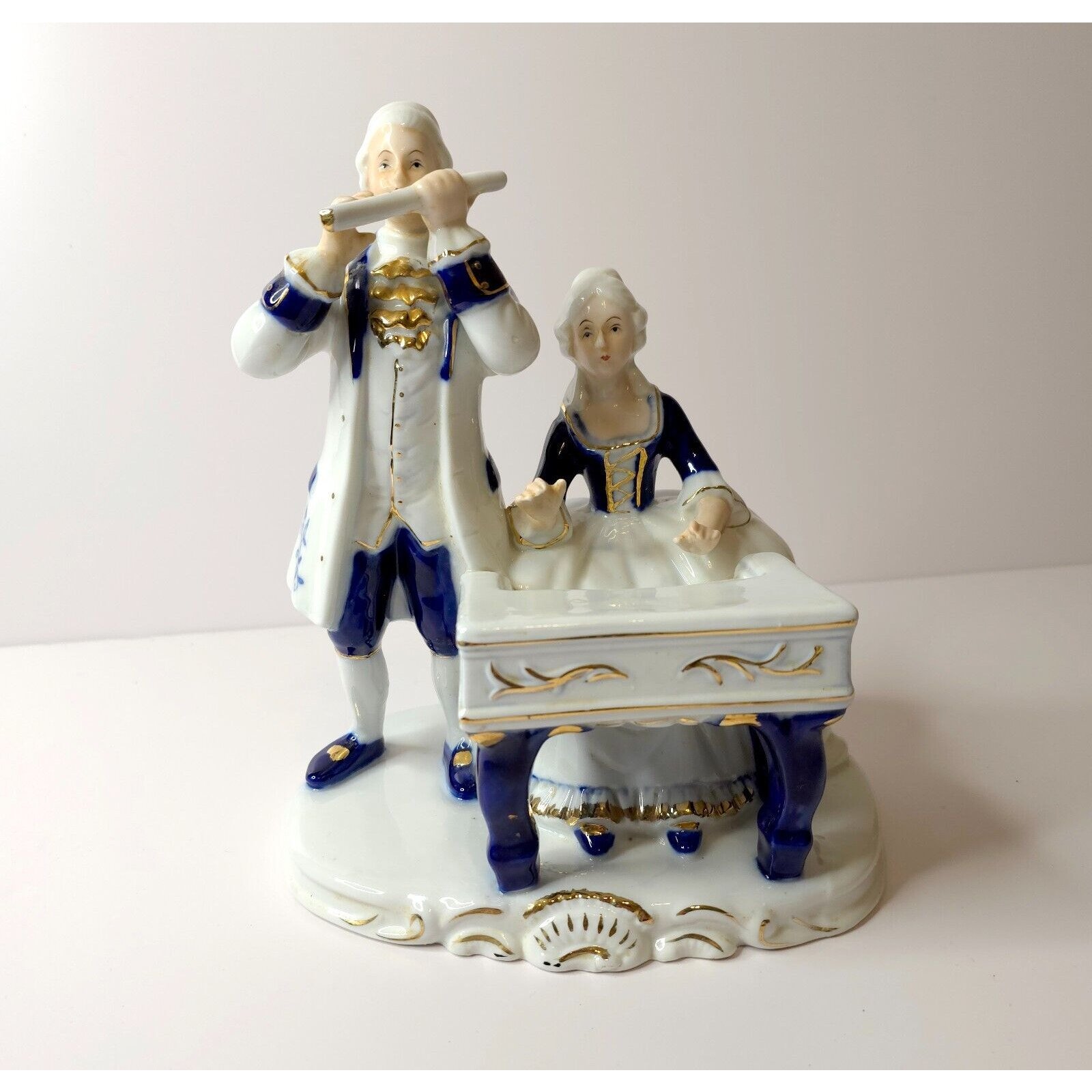 Vintage Porcelain Couple Figurine Blue White Gold Colonial Rococo Flute Piano