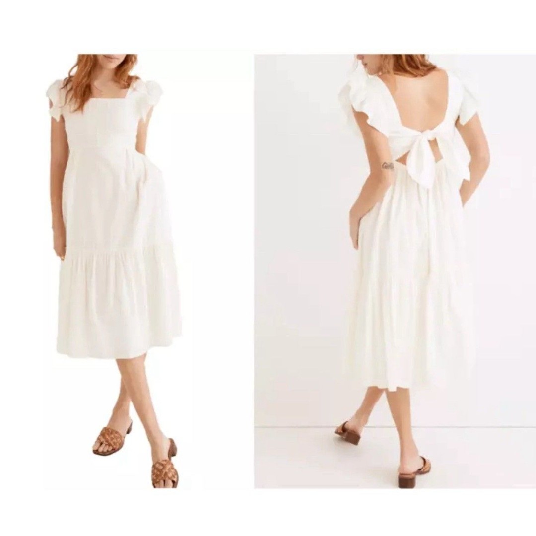 MADEWELL Ivory Textural Stripe Ruffle Strap Bow-Tie Back Tiered Midi Dress Xl