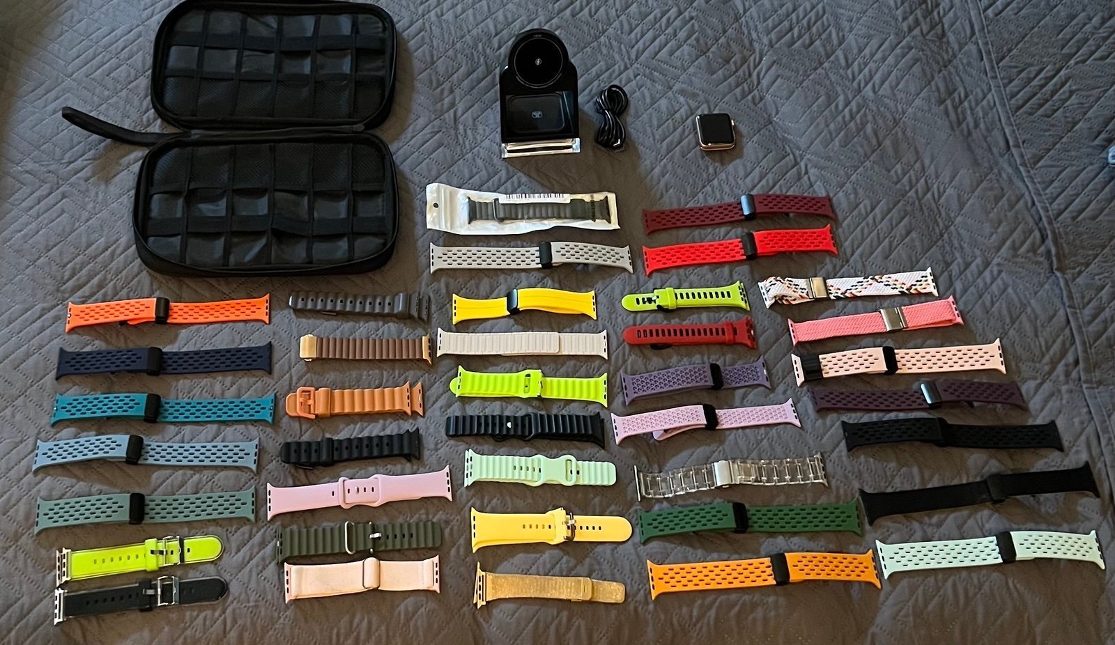 Apple Watch series 3 42 mm with 39 bands and a 3 in one charger