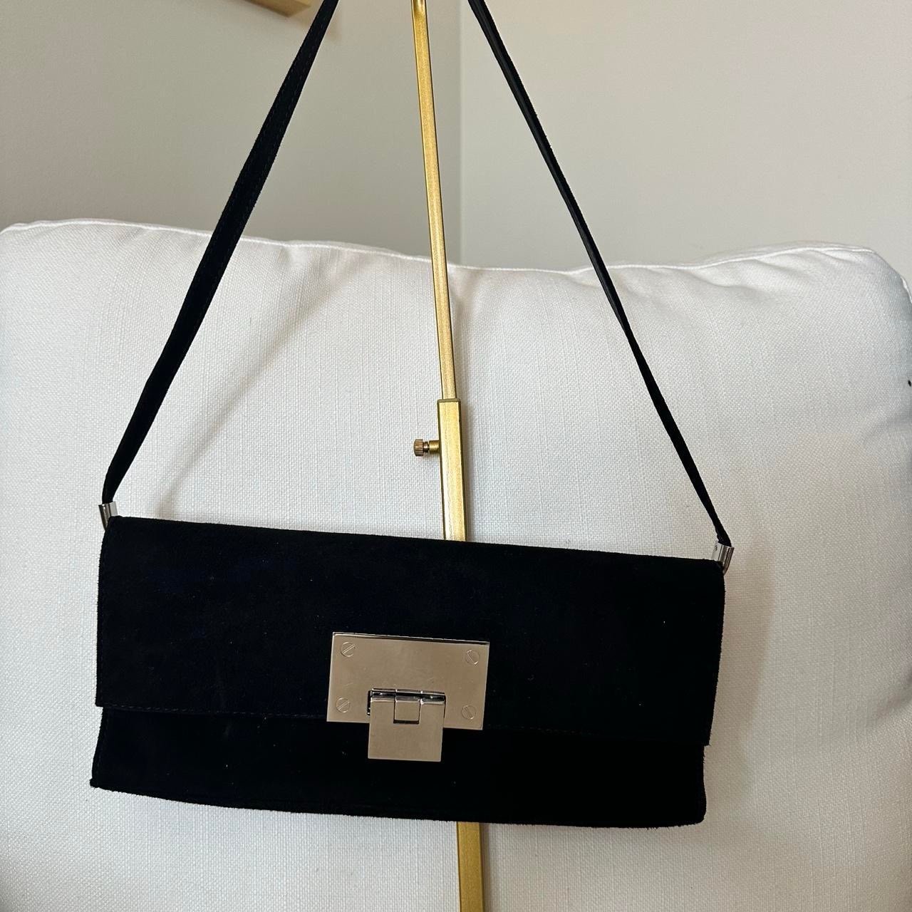 STUART WEITZMAN BLACK SUEDE CLUTCH WITH STRAP AND SILVER HARDWARE