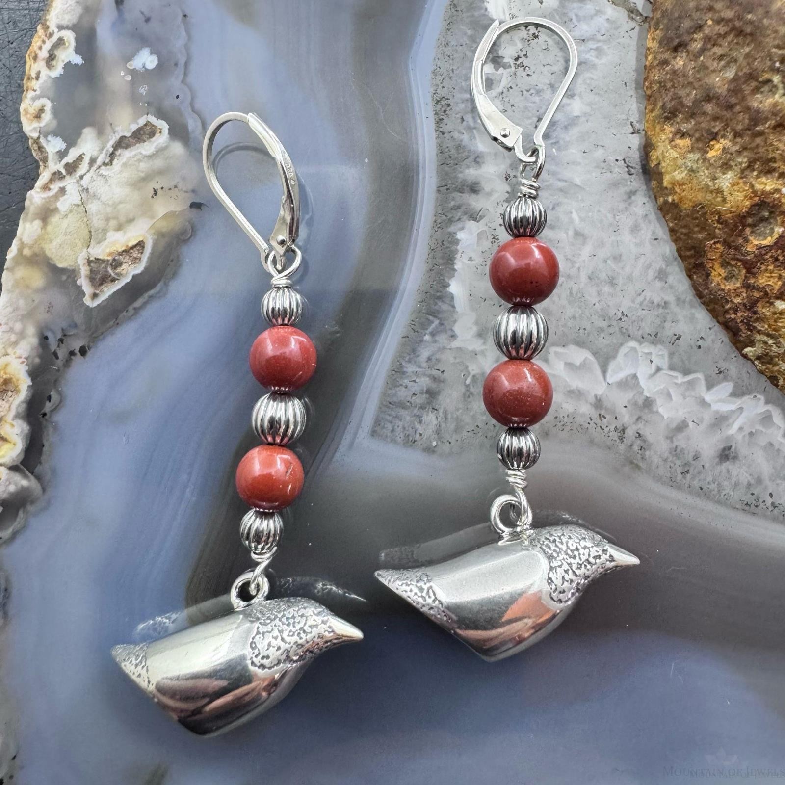 Andrew Rodriguez Sterling Crow With 2 Tiny Red Jasper Beads Dangle Earrings