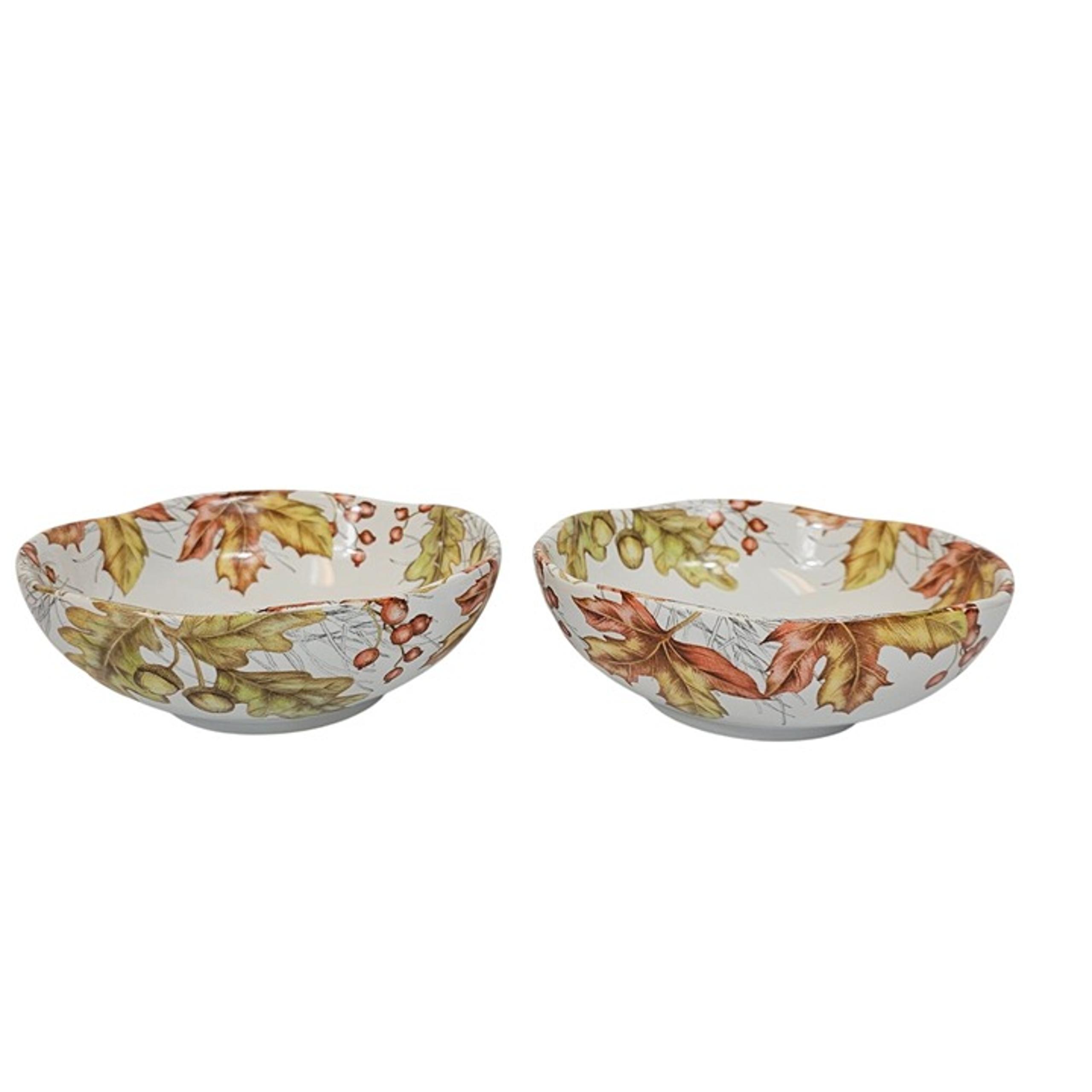 Pier 1 Imports Mazey Porcelain Fall Leaves 2PC  White Green/Orange Serving Bowls