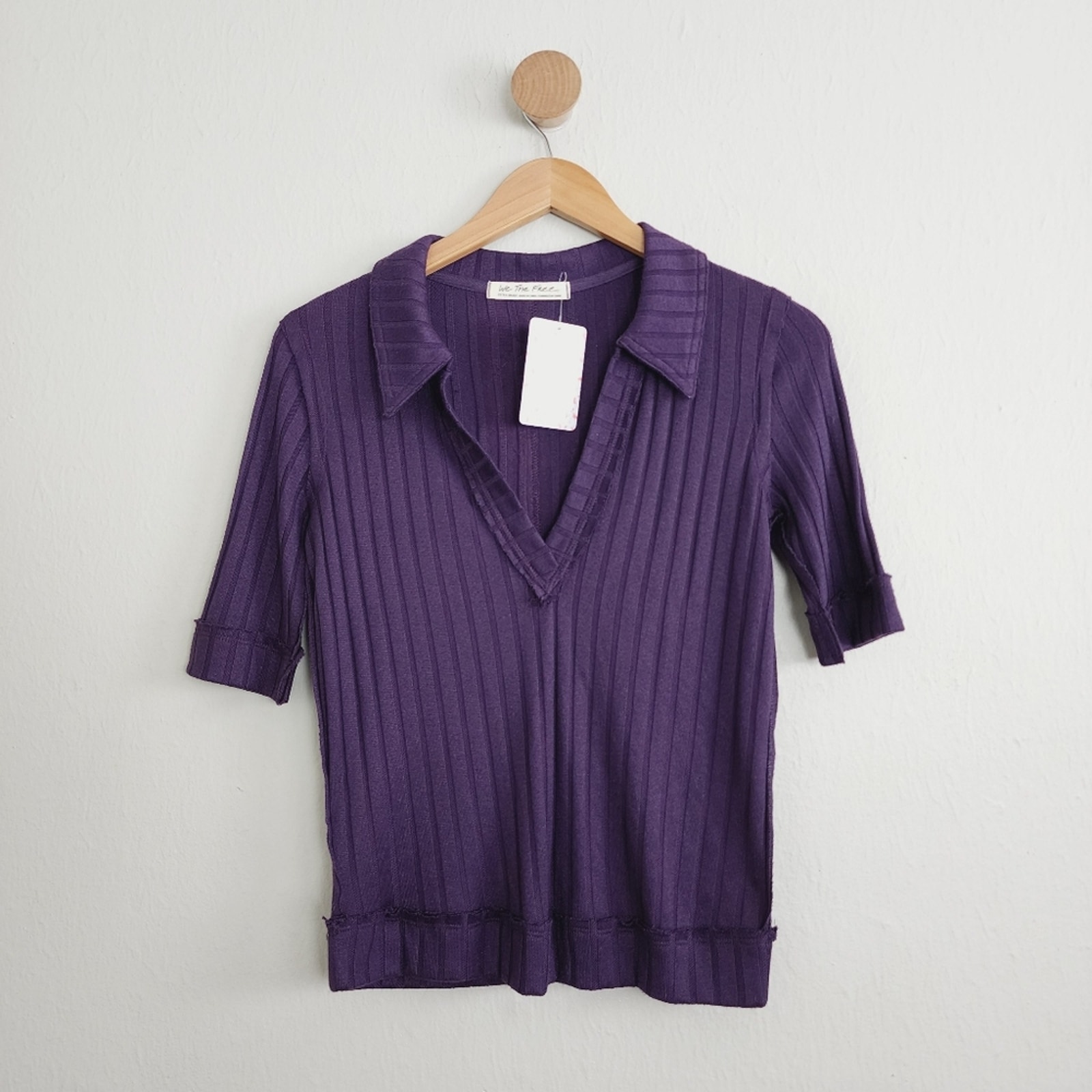 NWT Free People Purple Krystal Ribbed Knit Collar Polo Short Sleeve Top
