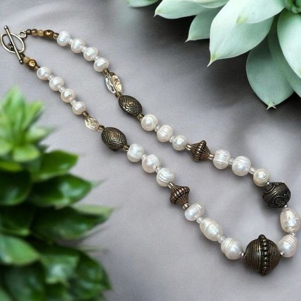 Rare one of a Kind Genuine freshwater Pearl and Bronze Beaded Necklace 18”