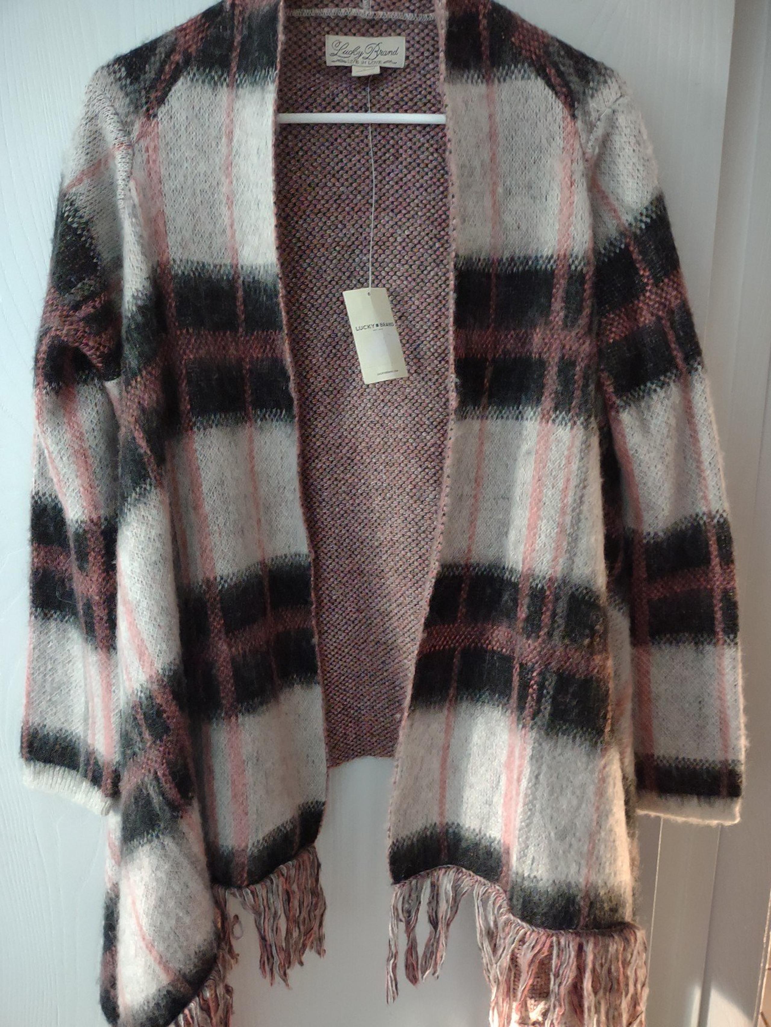 Lucky Brand Wool Mohair Blend Sweater Pink Plaid Cardigan Size Large NWT